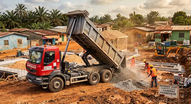 Camion décharge gravats sur chantier construction.